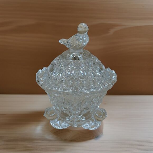 Vintage Pressed Glass Covered Dish with Bird Finial, Footed Trinket Box - Picture 1 of 7